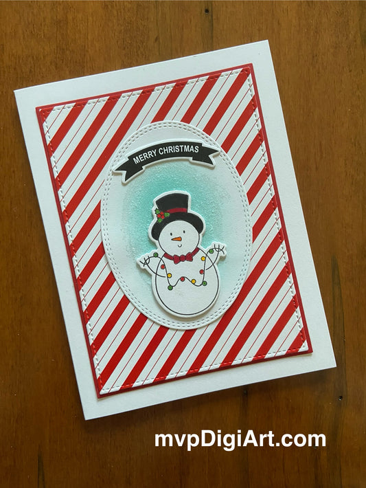 A handmade Christmas card with a snazzy snowman on a candy cane striped background, featuring a die cut stitched oval, 'Merry Christmas' text