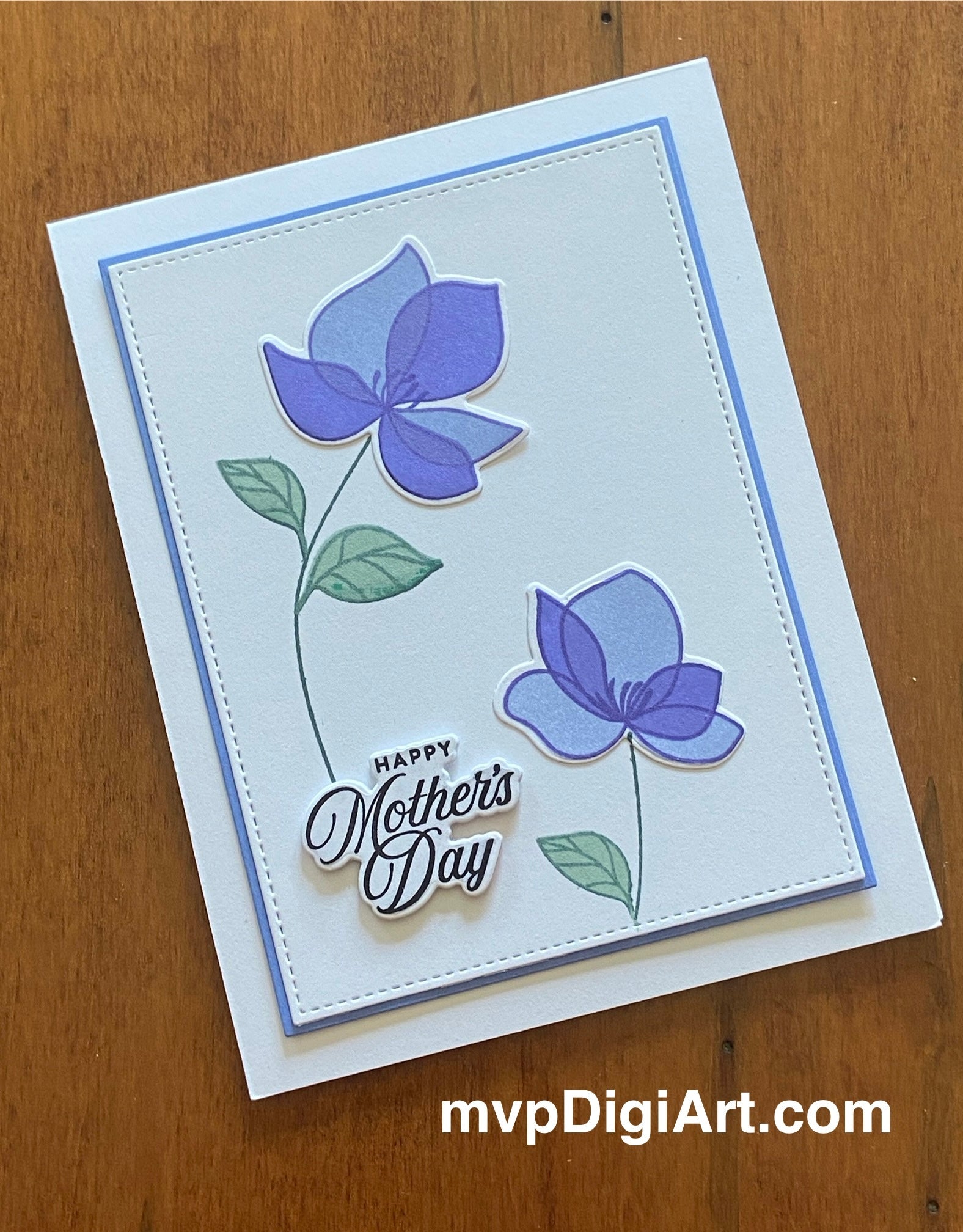 Card with blue flowers and 'Happy Mother's Day' text on white blue matted panel