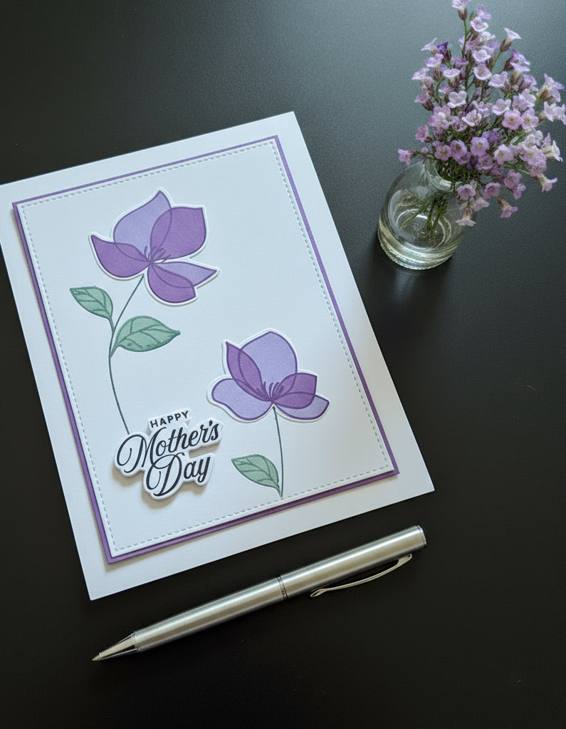 Greeting card with purple flowers and 'Happy Mother's Day' text on a black desk with a pen and small vase of flowers.