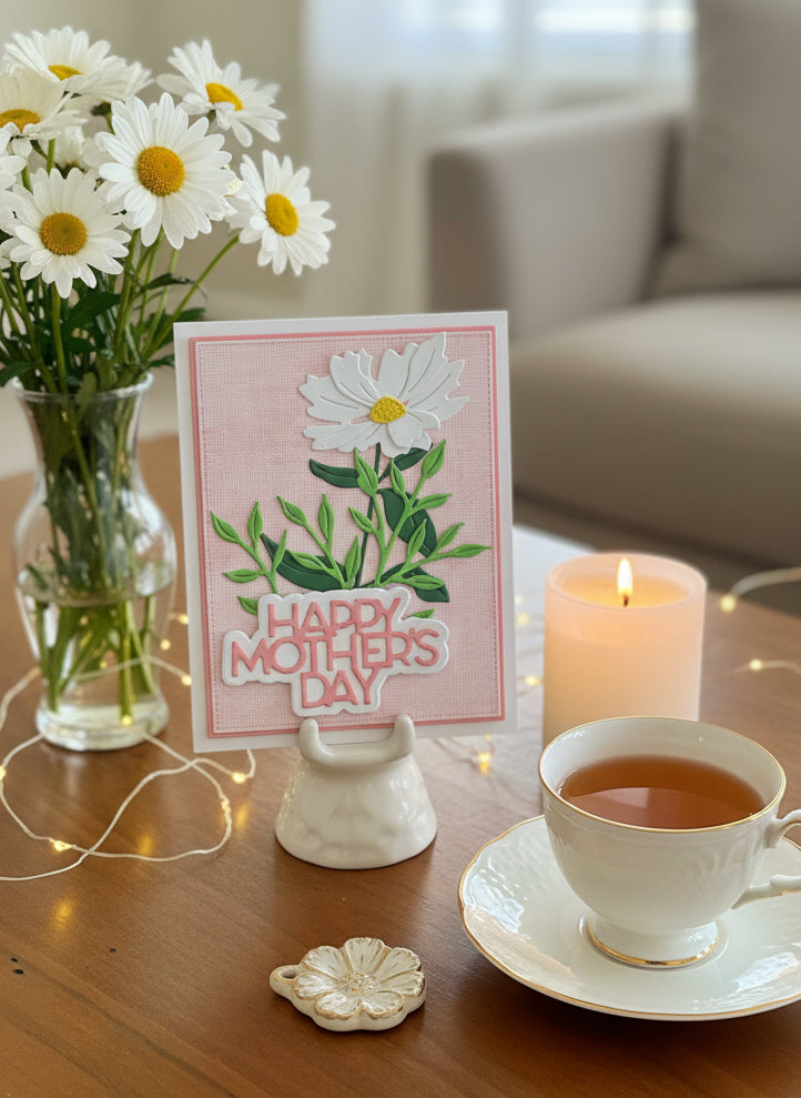 Mother's Day card with a single daisy in a stand beside a cup of tea, a vase of daisies and a candle on a wooden table.