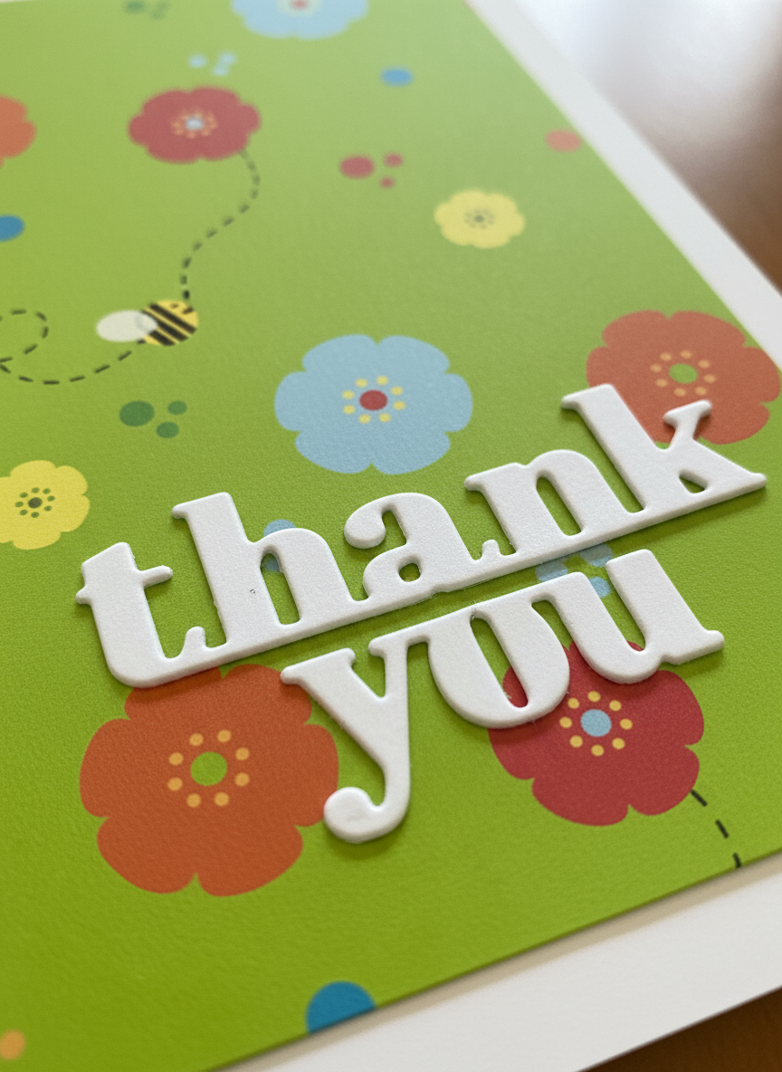Close up of the 'thank you' die cut to see details 