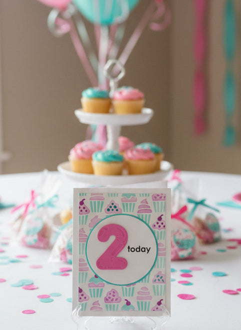 Card with number '2' and 'today' text, surrounded by colourful balloons.