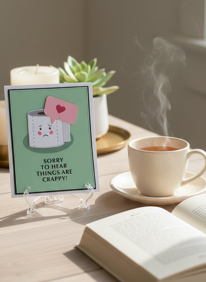 Card with cartoon toilet paper and text 'Sorry to hear things are crappy!' on a table with a cup of tea and open book.