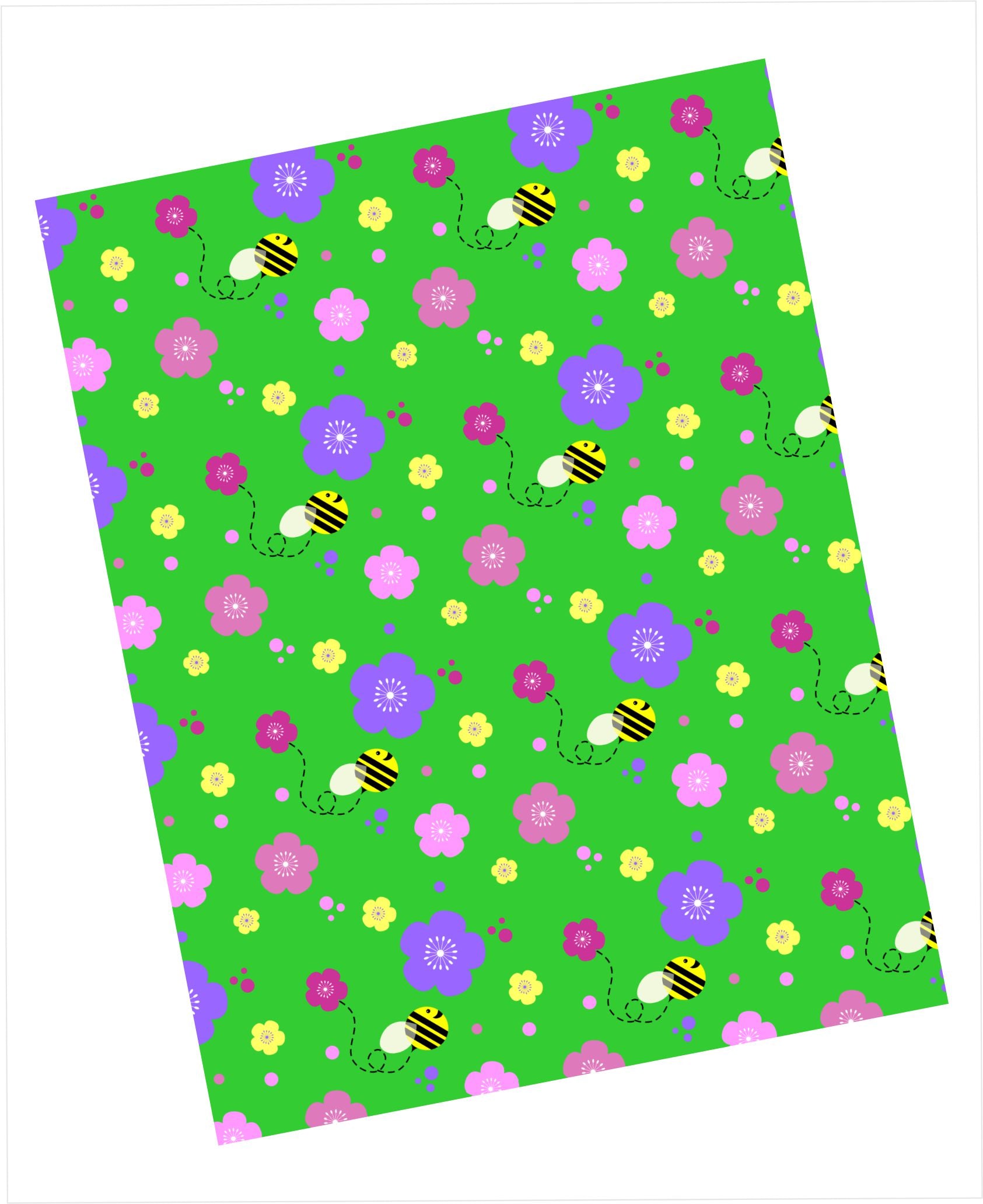 Cardstock with a clover green background, multicoloured floral pattern and buzzing bumblebees
