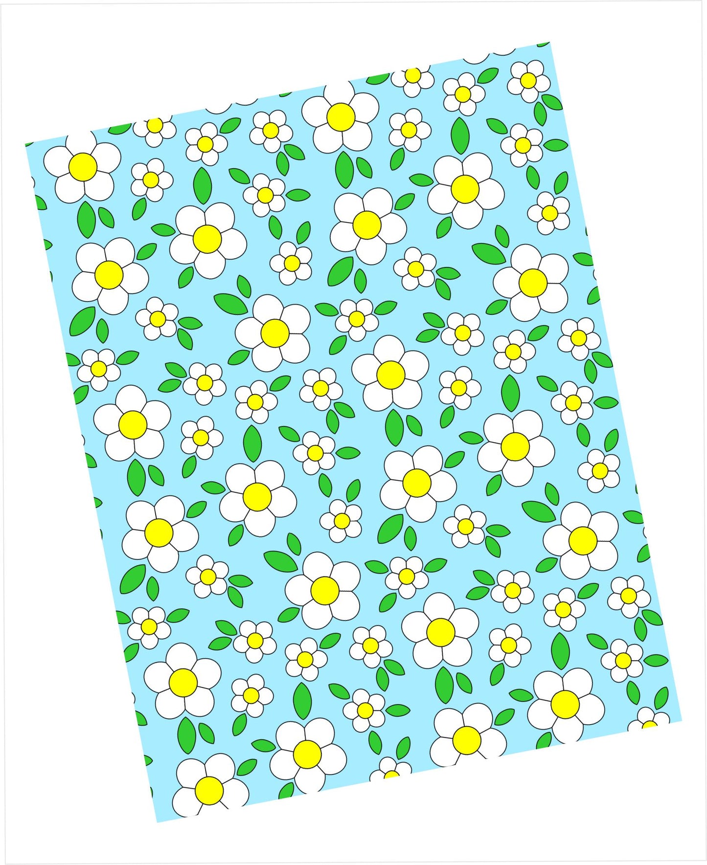 Cardstock with outlined white daisy and leaf pattern on light blue