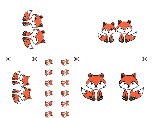 Foxes Cut and Create Sheet - full colour print featuring adorable girl and boy fox characters on premium 100 lb cardstock, die-cut ready for ovals, rectangles, squares and circles