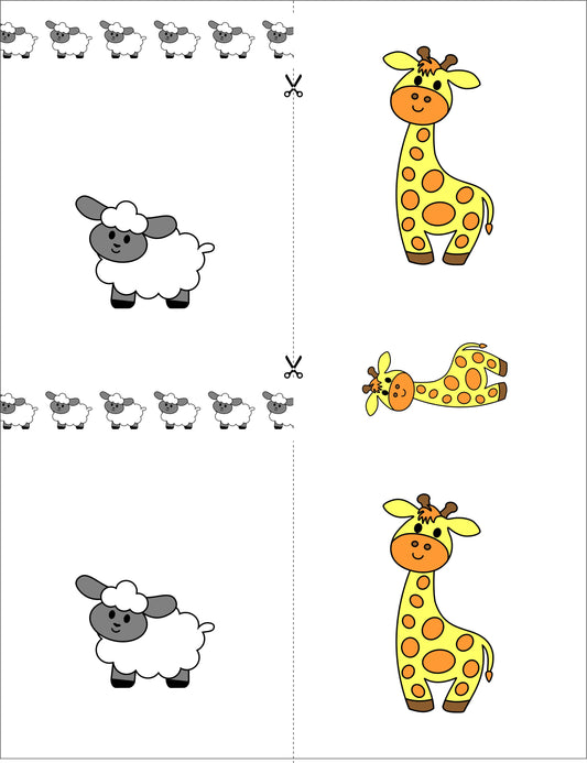 Sheep and Giraffe Cut and Create Sheet - full colour print featuring adorable sheep and giraffe characters on premium 100 lb cardstock, die-cut ready for ovals, rectangles, squares and circles