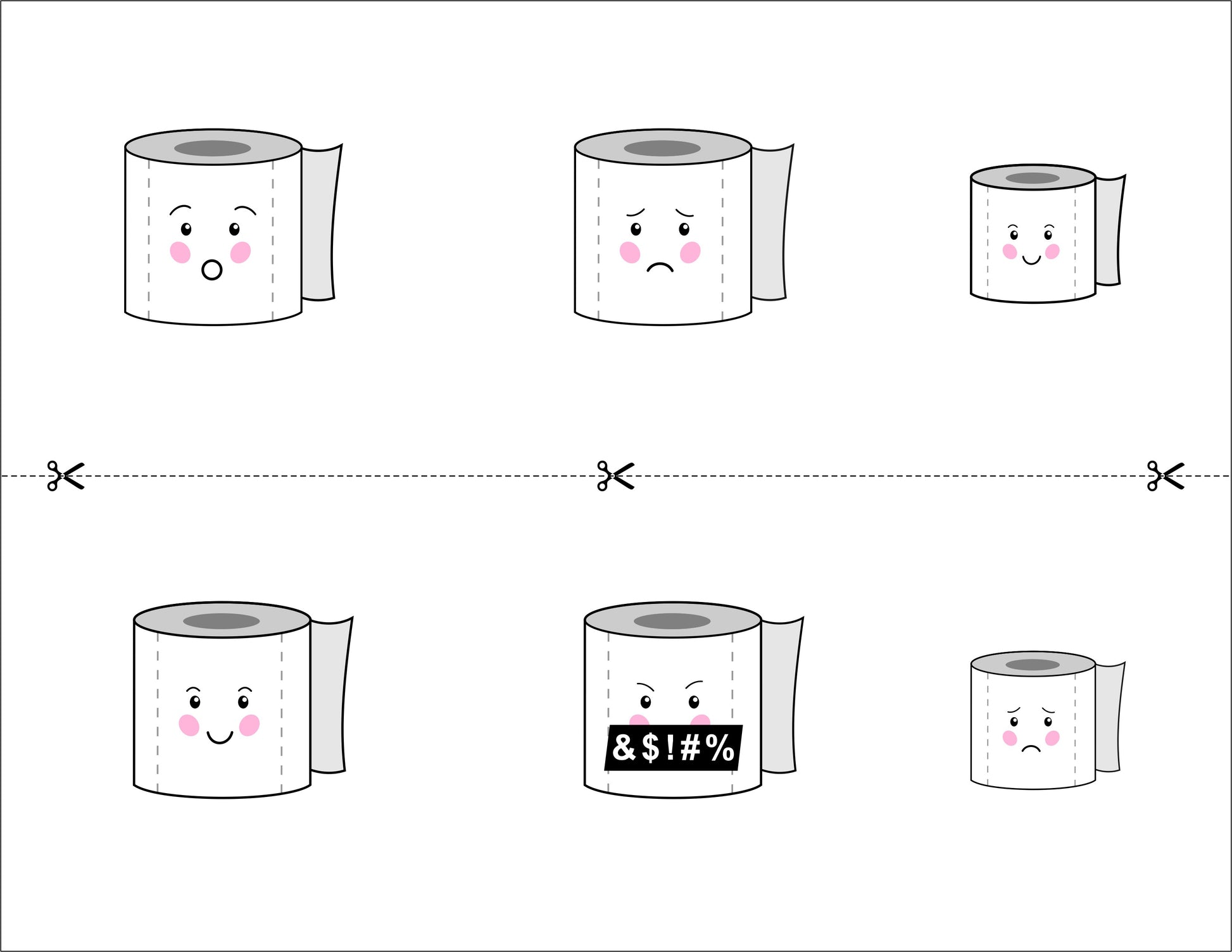 Toilet Paper Expressions Cut and Create Sheet - full colour print featuring funny toilet paper characters with happy, sad and angry expressions on premium 100 lb cardstock, die-cut ready for ovals, rectangles, squares and circles