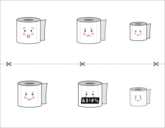 Toilet Paper Expressions Cut and Create Sheet - full colour print featuring funny toilet paper characters with happy, sad and angry expressions on premium 100 lb cardstock, die-cut ready for ovals, rectangles, squares and circles