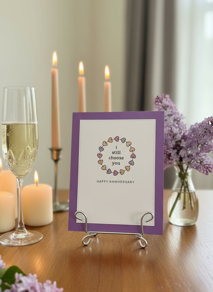 Anniversary card with 'I still choose you' message on a stand with candles and flowers in the background