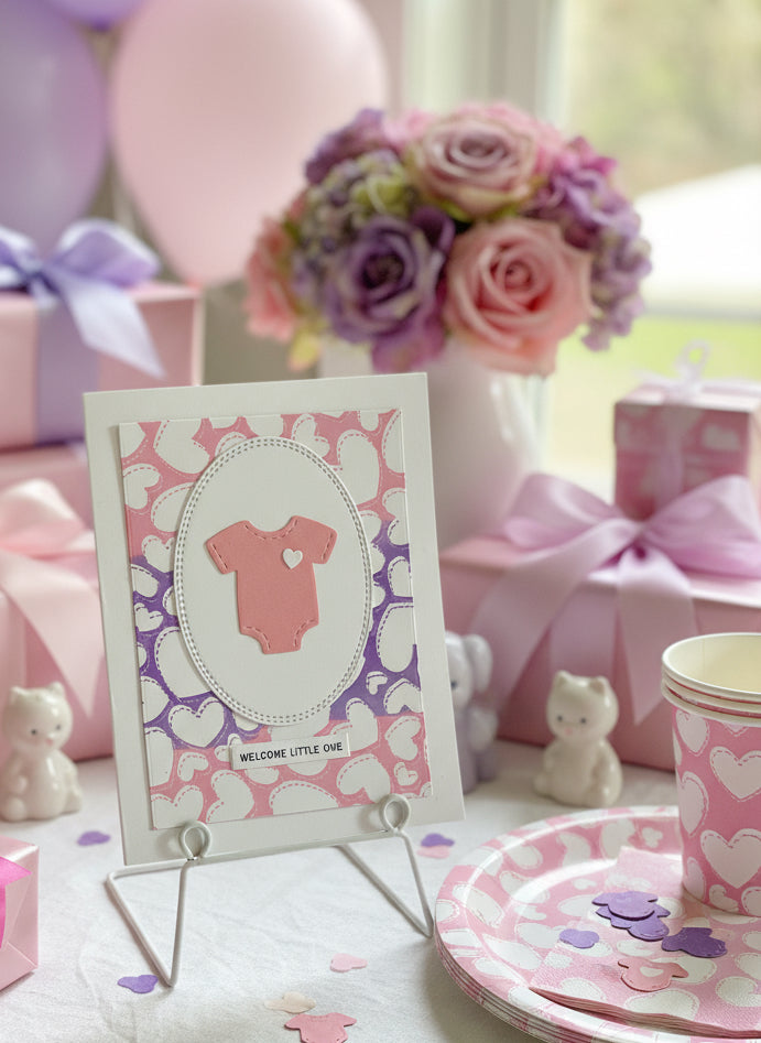 Decorative shower card with baby onesie design on a stand, surrounded by pink and purple party decorations.