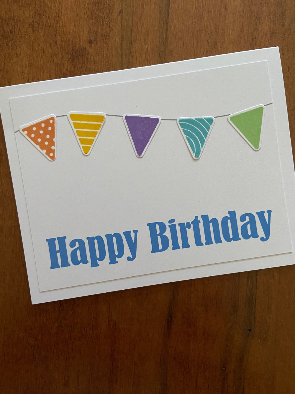 Birthday card with colourful triangle flags and blue 'Happy Birthday' text on a white notecard