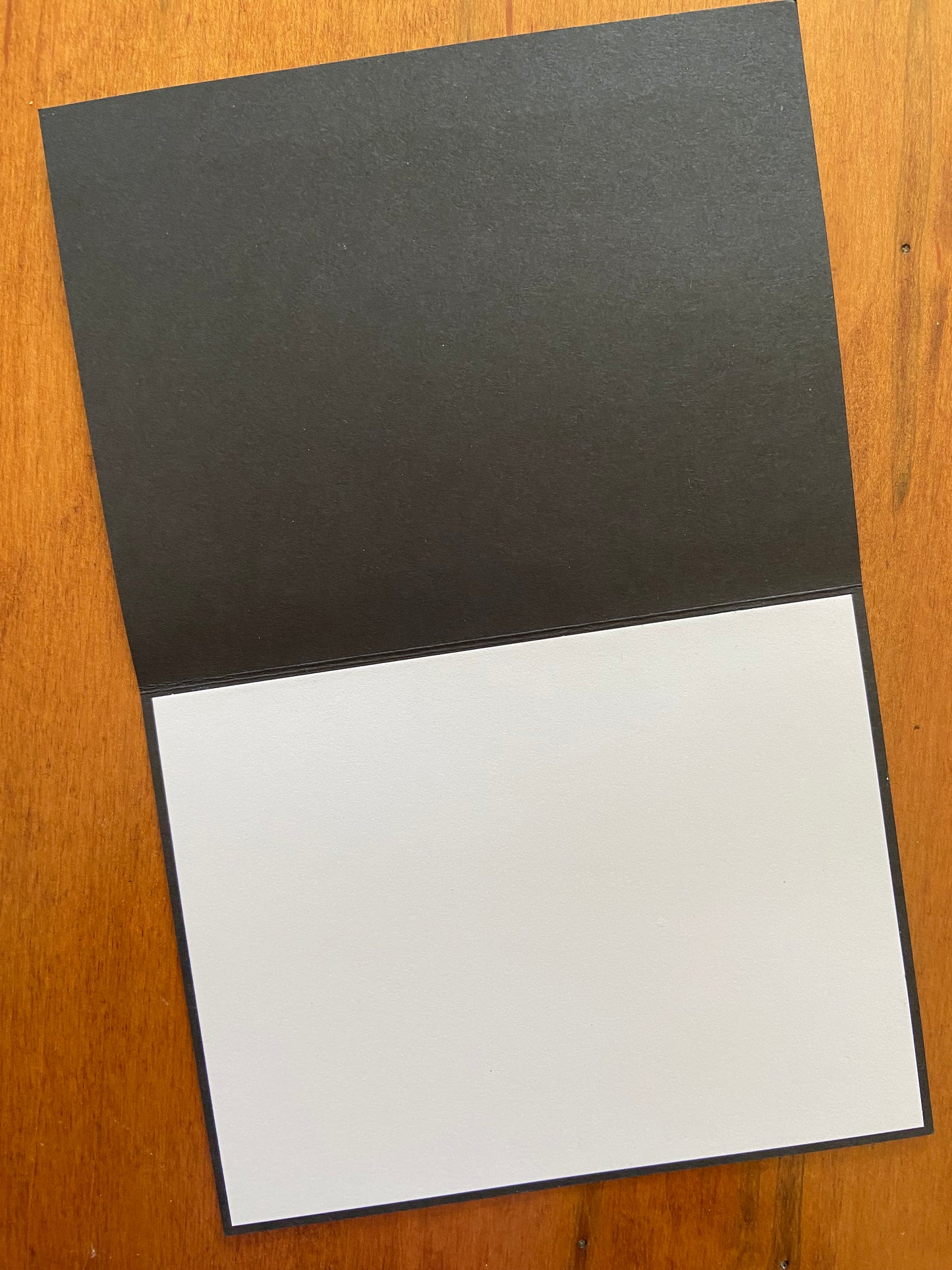 Inside of handmade birthday and celebration card showing a white panel for a personal message against a black notecard.