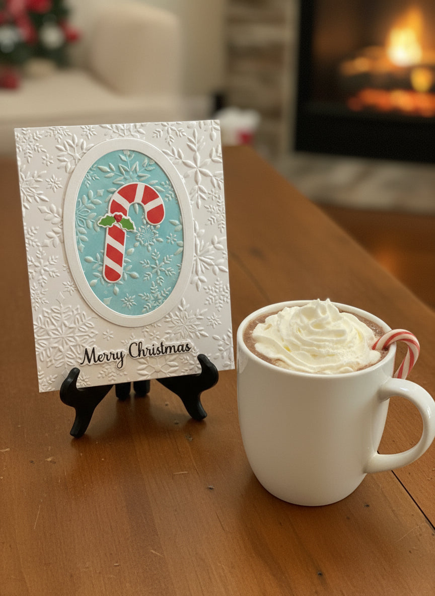 Christmas card with embossed candy cane, holly, and snowflakes design with 'Merry Christmas' text displayed with festive holiday decorations