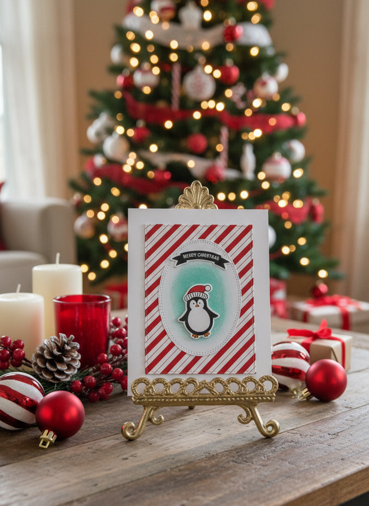 Christmas card with cute penguin on candy cane striped background displayed with festive holiday decorations