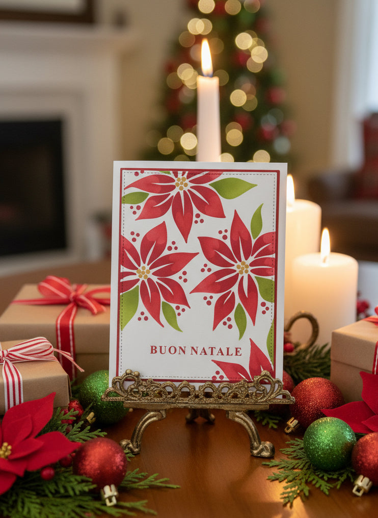Italian Christmas card with red poinsettias and 'Buon Natale' greeting displayed on a decorative stand with holiday ornaments