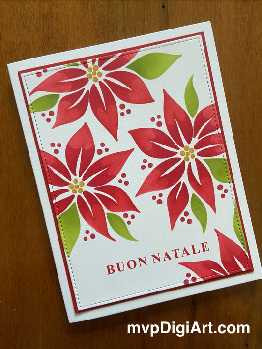 Handmade Italian Christmas card with red poinsettias and greenery on white background with red 'Buon Natale' text and red matting