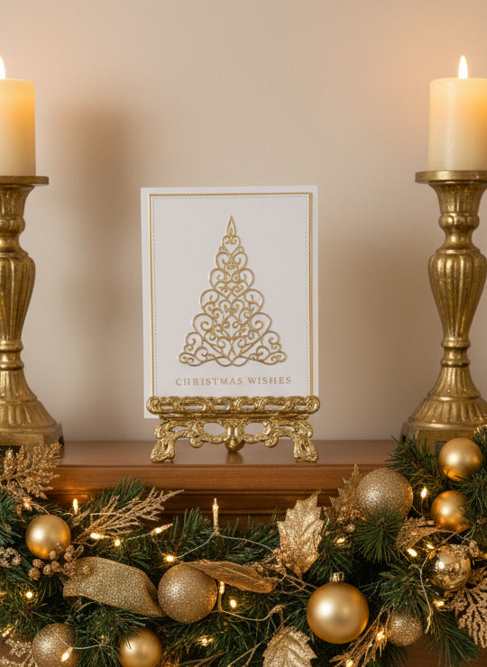 Christmas card with gold filigree tree on ivory background and 'Christmas Wishes' text displayed on a decorated mantle with holiday decorations