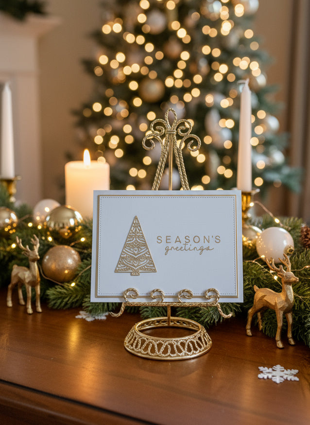 Christmas card with ornate gold filigree tree and Season's Greetings sentiment displayed with festive holiday decorations