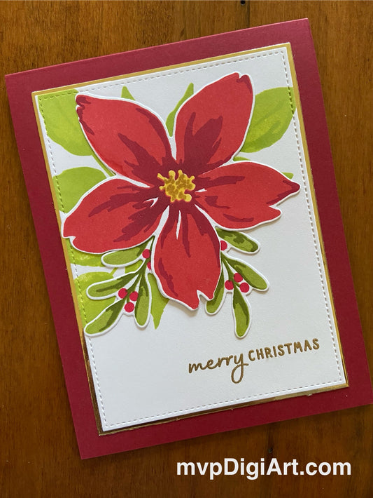 A handmade Christmas card with a red background, featuring a large poinsettia flower and smaller greenery stamps, with a 'Merry Christmas' message and a gold embossed sentiment.