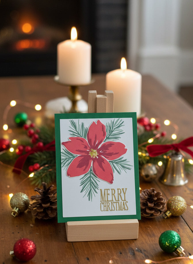 Christmas card with poinsettia and pine spruce design displayed with festive holiday decorations