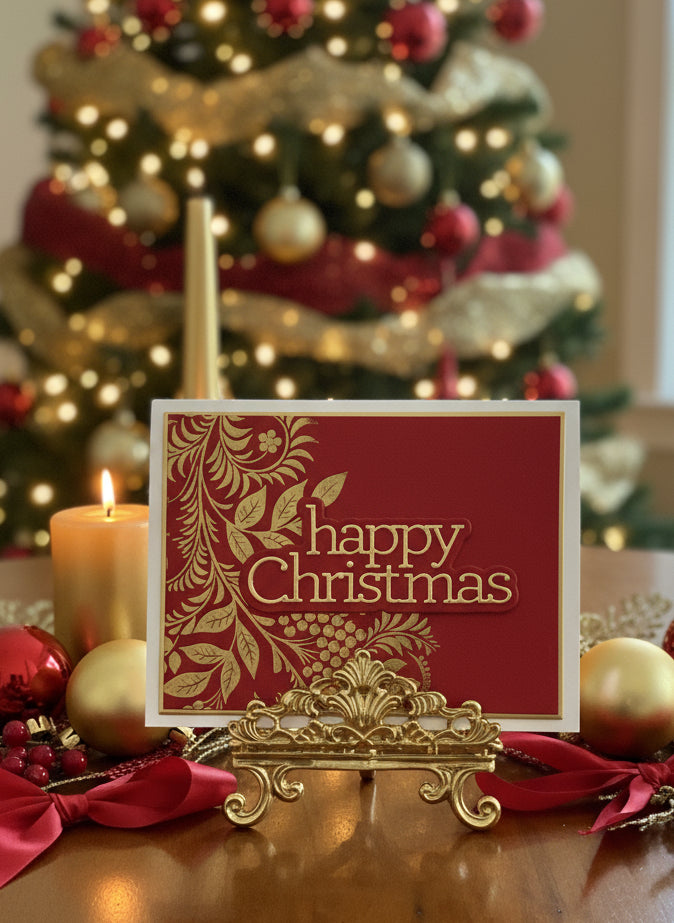 Christmas card with gold embossed foliage on red cardstock and 'Happy Christmas' sentiment displayed in a decorated room with holiday decorations