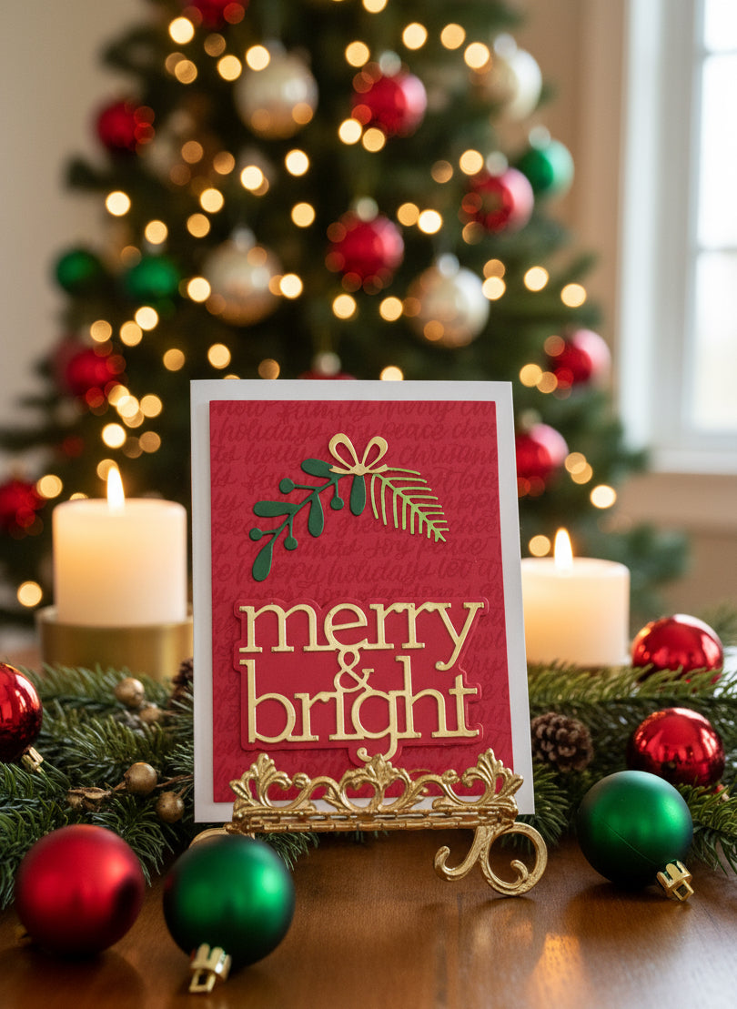Christmas card with spruce, foliage, and gold bow on red background with 'merry & bright' text displayed on a decorated table with holiday decorations