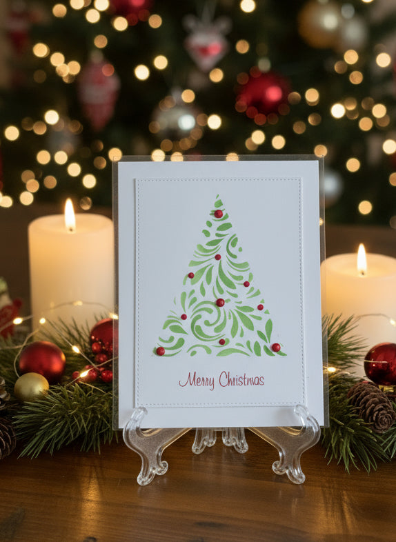 Handmade Christmas Card | Stylized Evergreen Tree with Ruby Gems