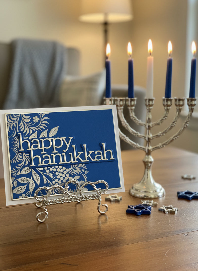 Happy Hanukkah card with a menorah and candles on a table.