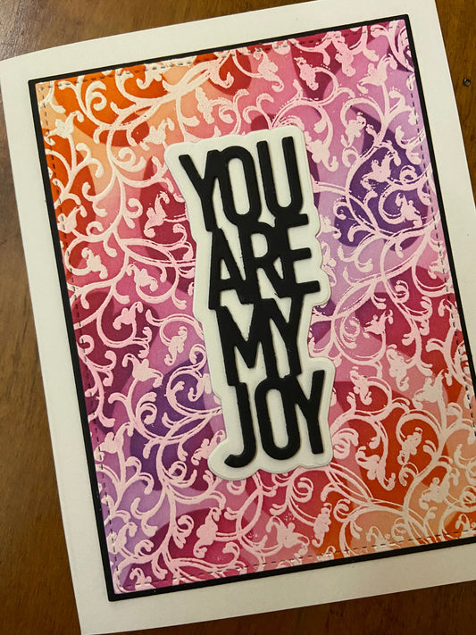 Handmade greeting card with 'You Are My Joy' text on colourful funky patterned background