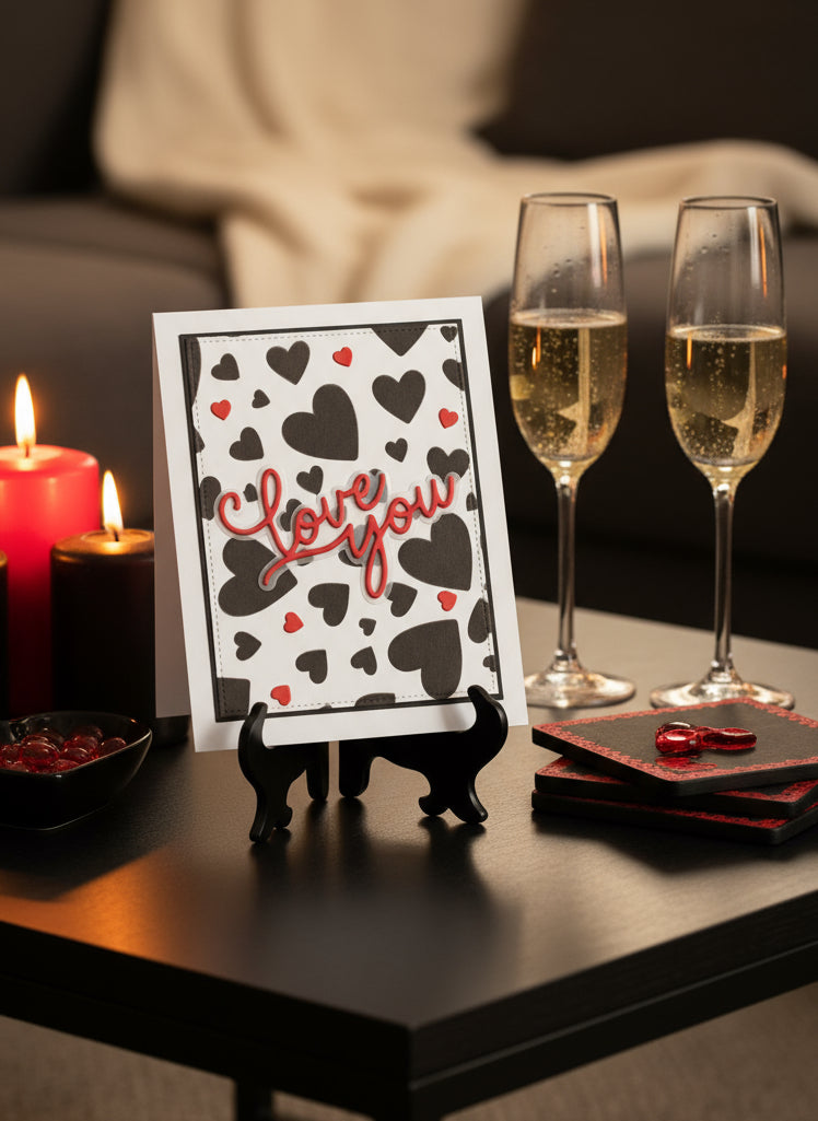 Love card with red and black hearts displayed on a decorative stand with romantic Valentine's Day setting
