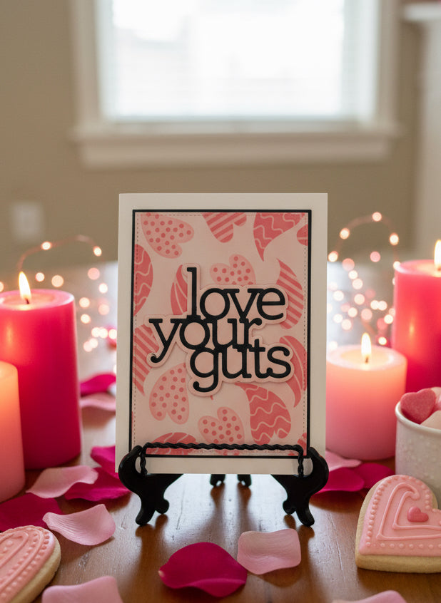 Love Your Guts - Quirky Handcrafted Card with Pink Hearts