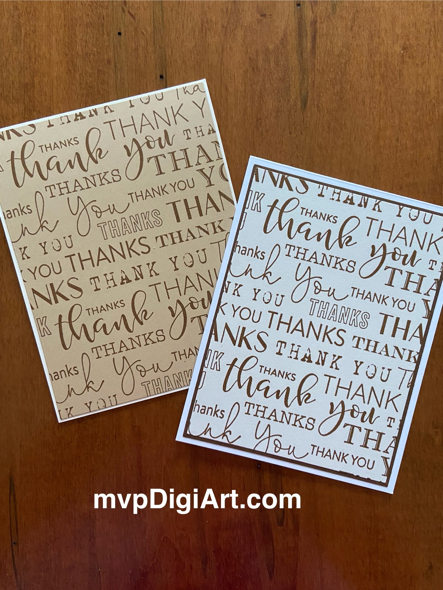 Front view of 2-pack handmade thank you cards in neutral brown tones with elegant typography