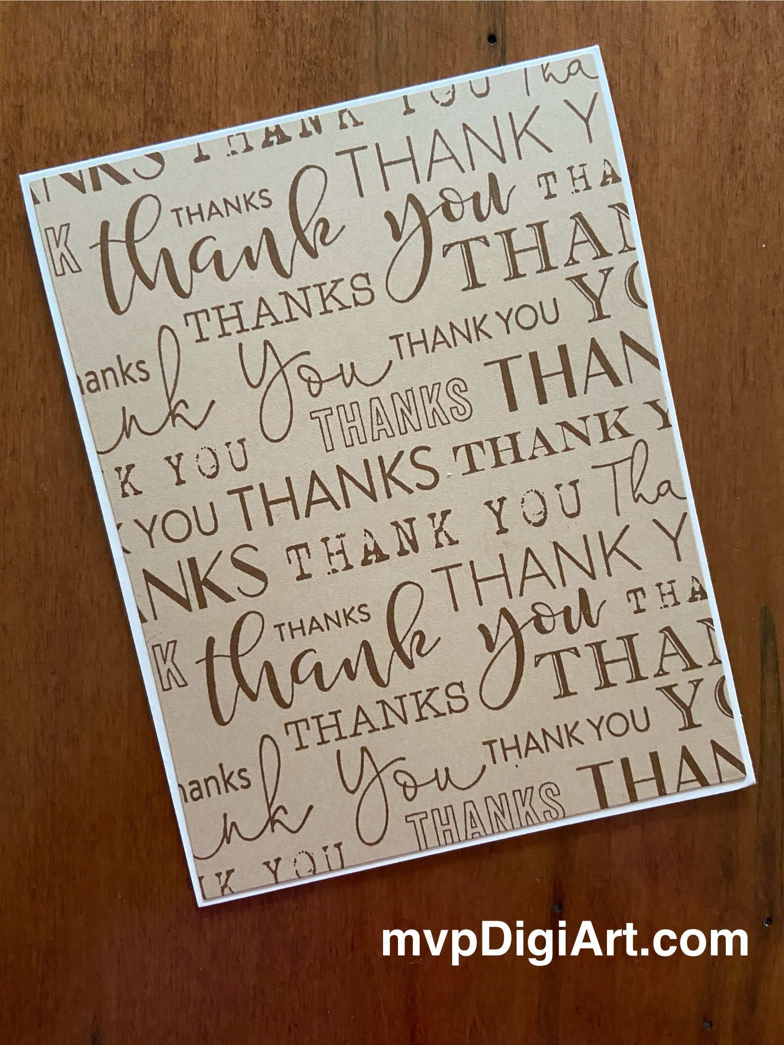 Front view of second card in the 2-pack showing elegant brown thank you card with multiple font styles