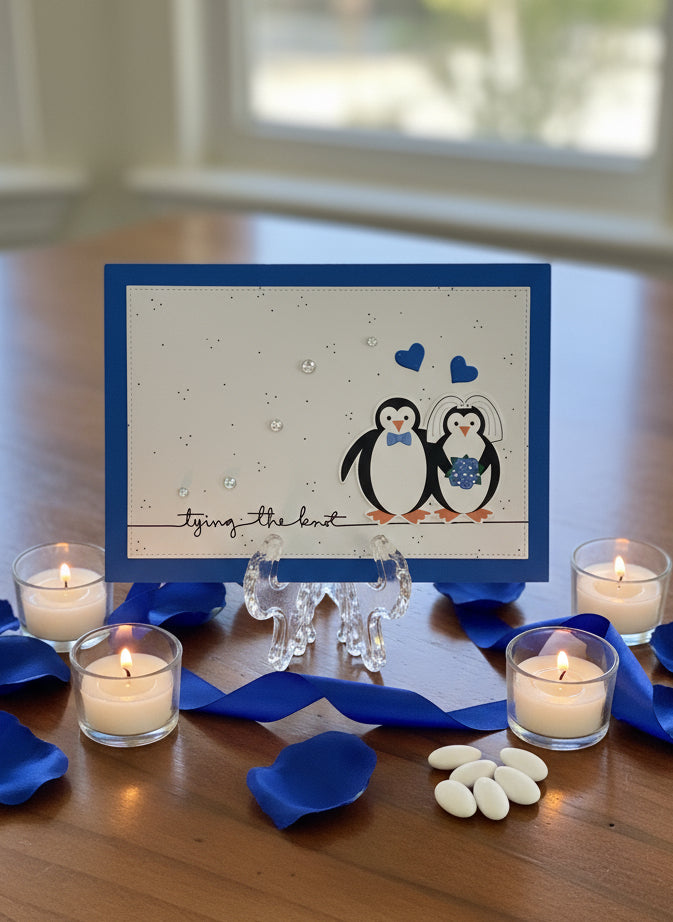 Handmade wedding card with penguin bride and groom, blue hearts, and pearl accents displayed on decorated table 