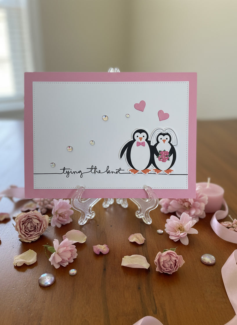 Handmade wedding card with penguin bride and groom, pink hearts, and pearl accents displayed on decorated table