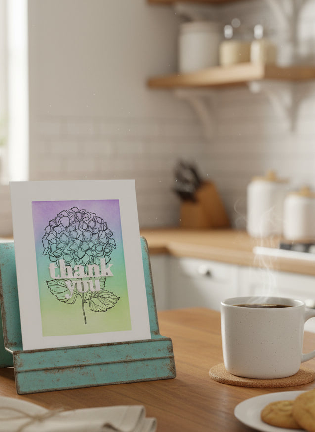 Handmade thank you card with green turquoise purple hydrangea design displayed on kitchen table with coffee and cookies 
