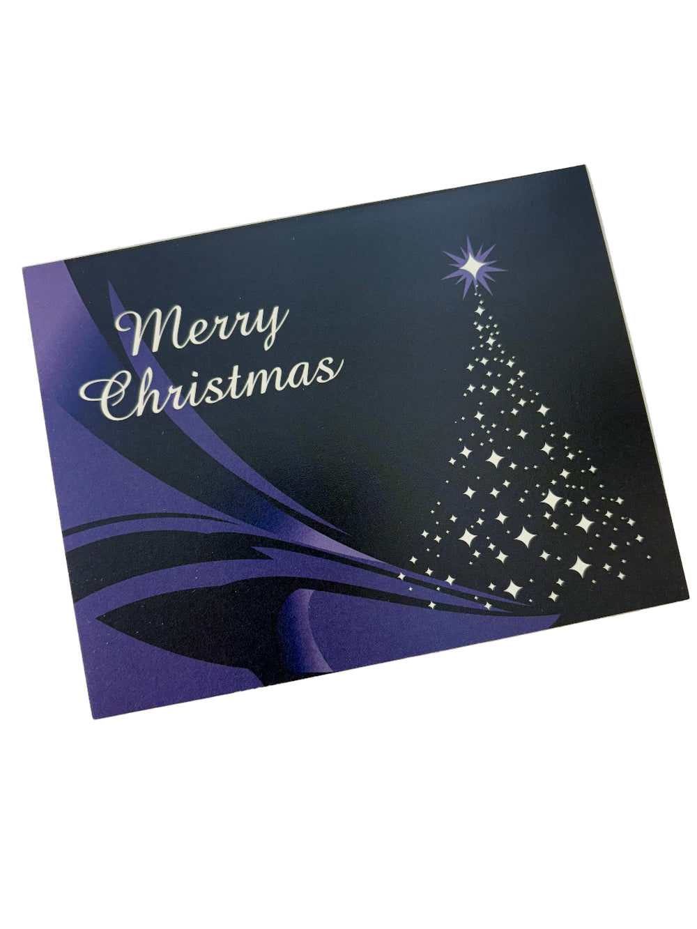 Blue Christmas card with 'Merry Christmas' text and starry tree design