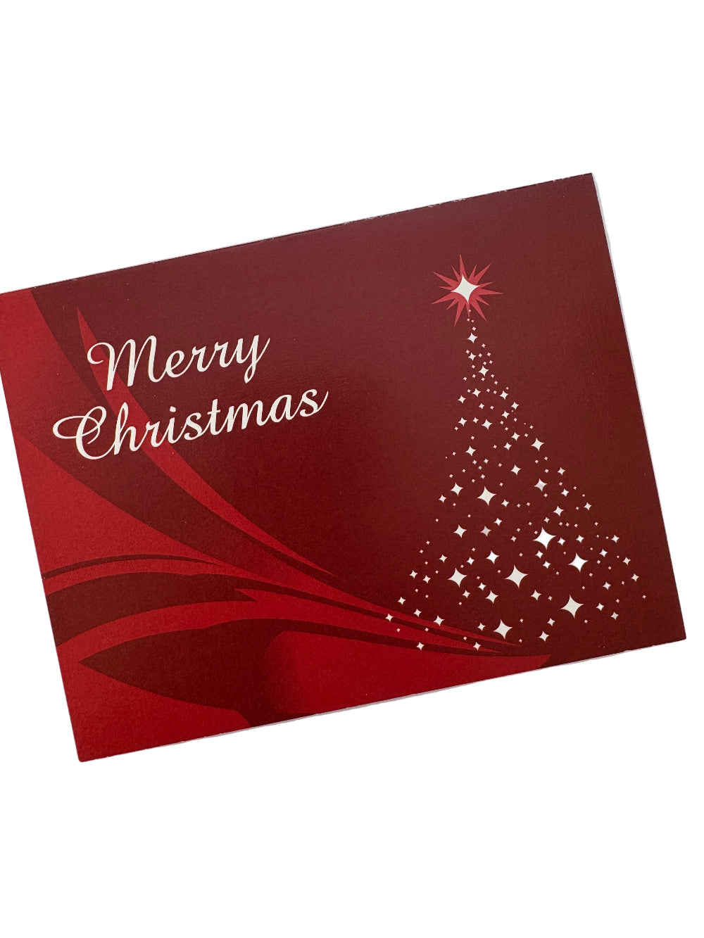 Red Christmas card with 'Merry Christmas' text and a starry tree design on a white background