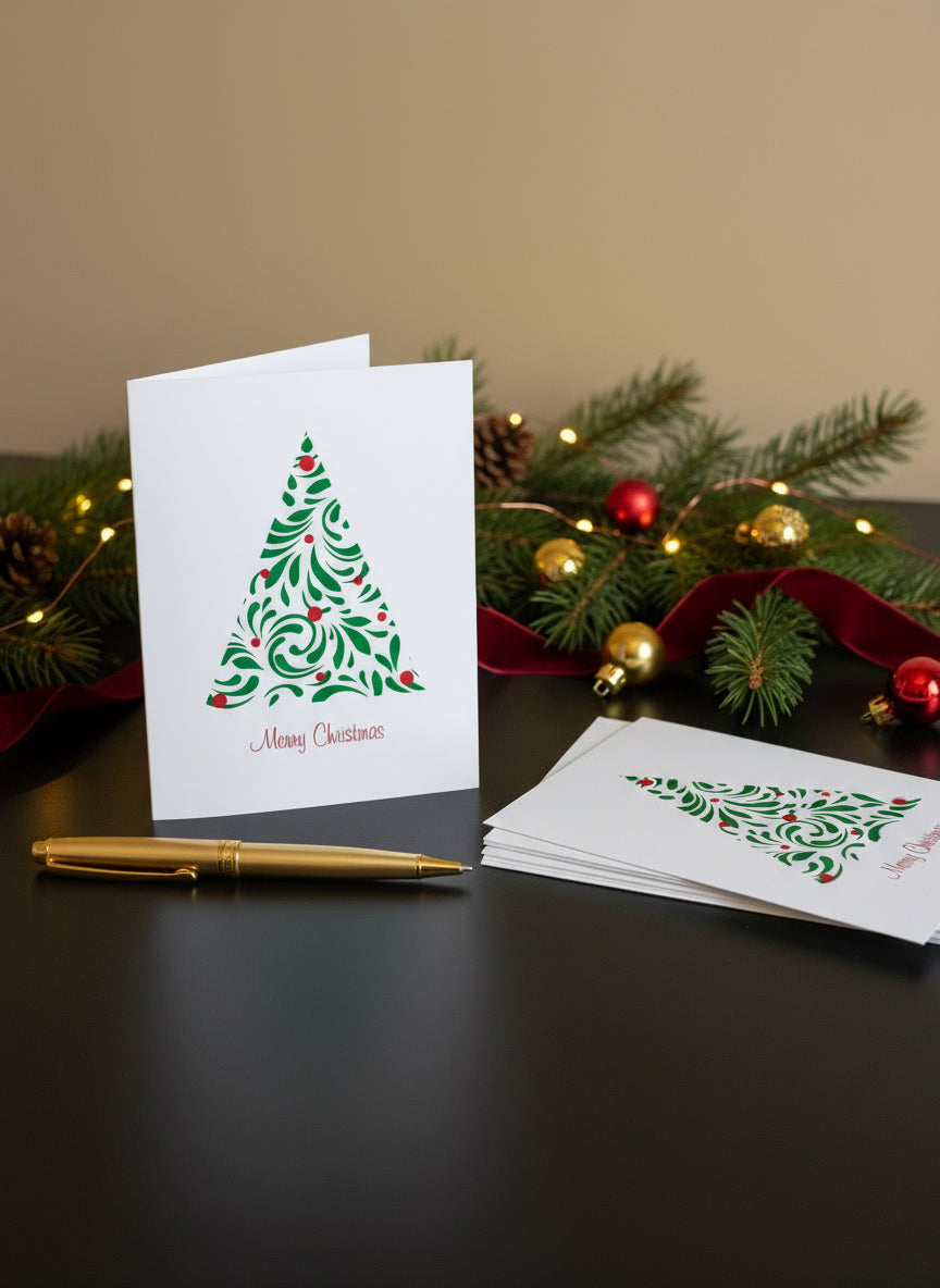 Modern Christmas tree -themed greeting card with a pen and additional cards on a desk with some ornaments