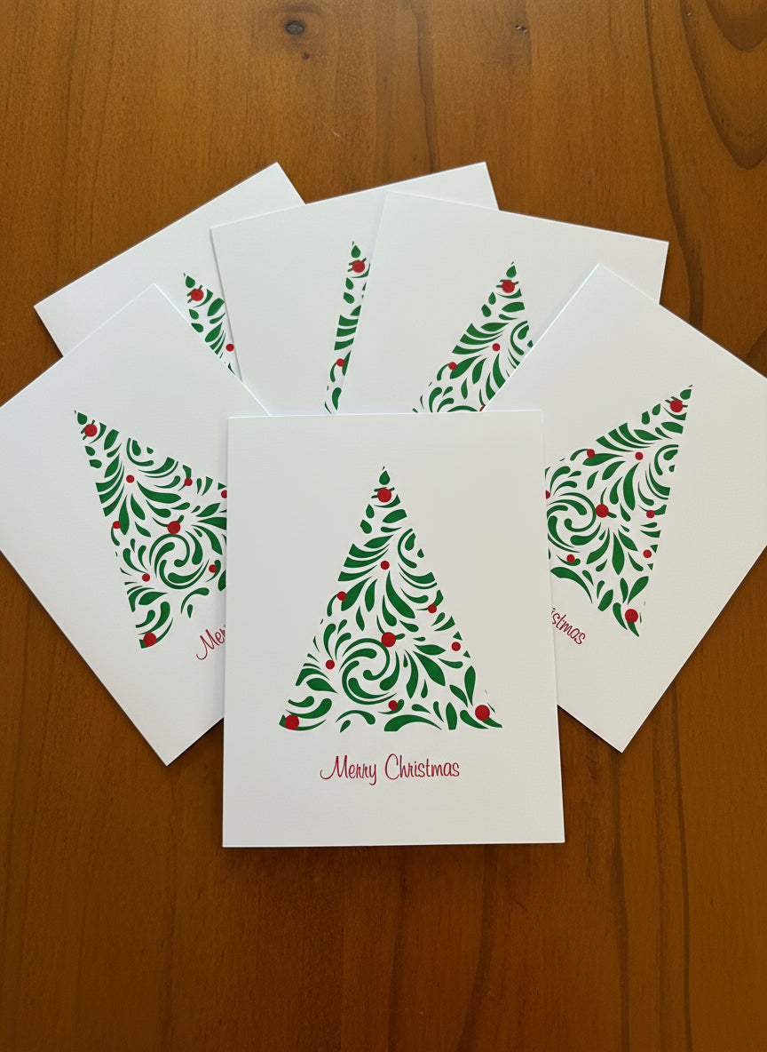 Set of 6 Christmas-themed greeting cards with a modern green tree with red balls design and text 'Merry Christmas' in red