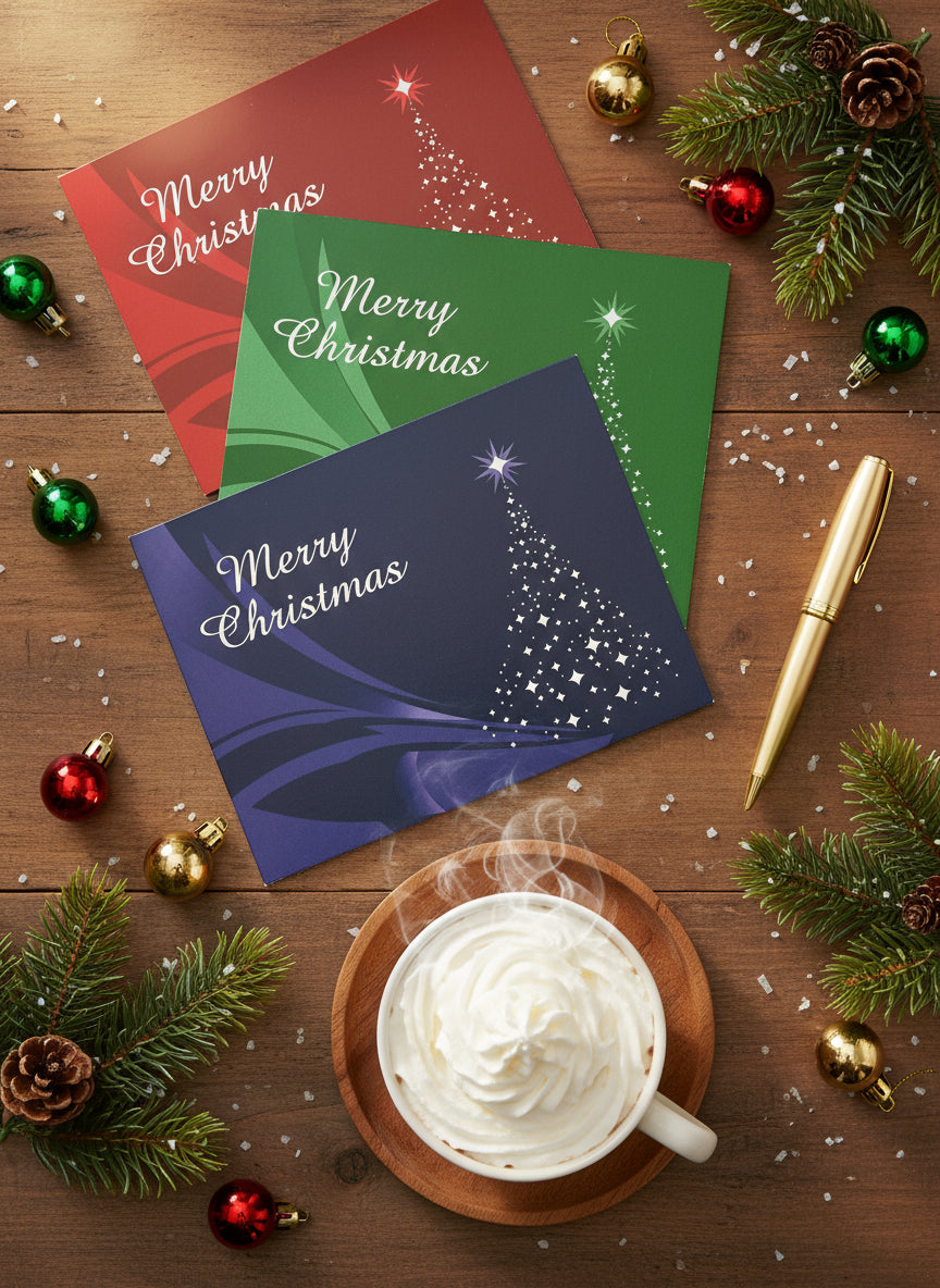 Three White Starlights Christmas cards in red, green, and blue on a desk with a hot chocolate cup and festive decorations and pen - ready to write out!