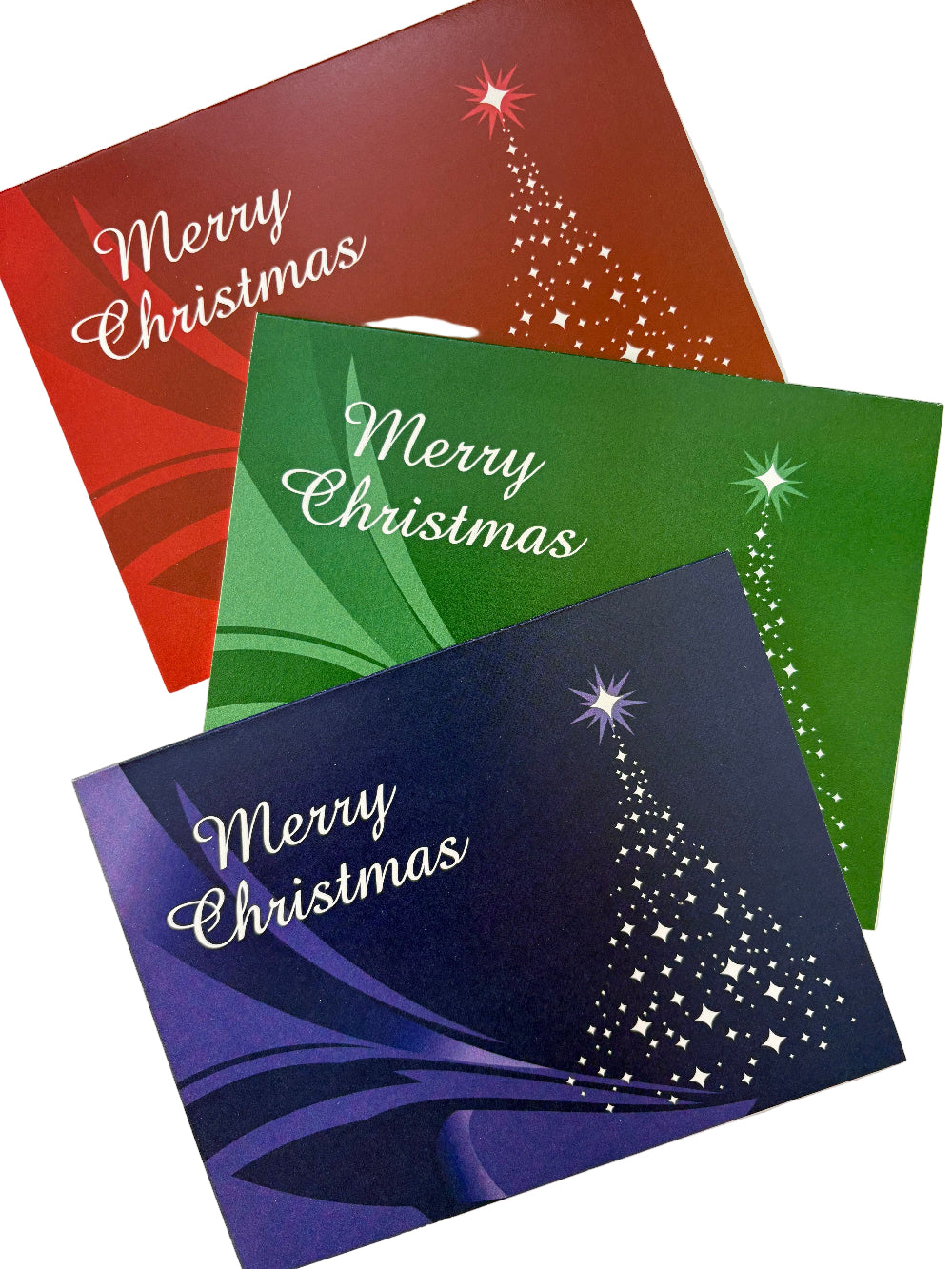 Set of 3 Christmas cards in green, blue and red with text 'Merry Christmas' and a tree made from white starlights