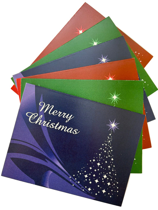 Set of 6 Christmas cards with 'Merry Christmas' text and a tree made from little white starlights; 2 in red, 2 in green, and 2 in blue