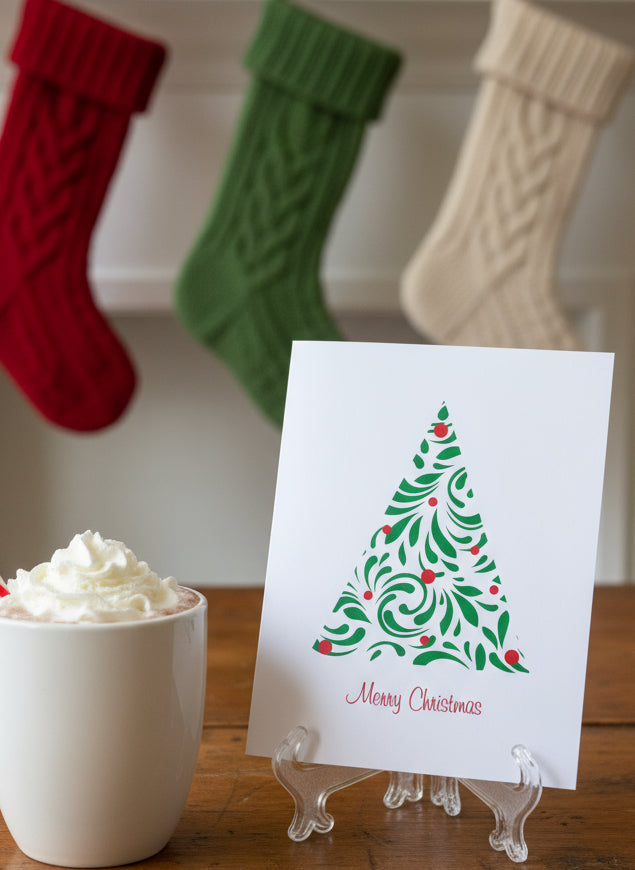 White card with a modern green Christmas tree design and 'Merry Christmas' text in red on A decorated coffee table in front of Christmas stockings