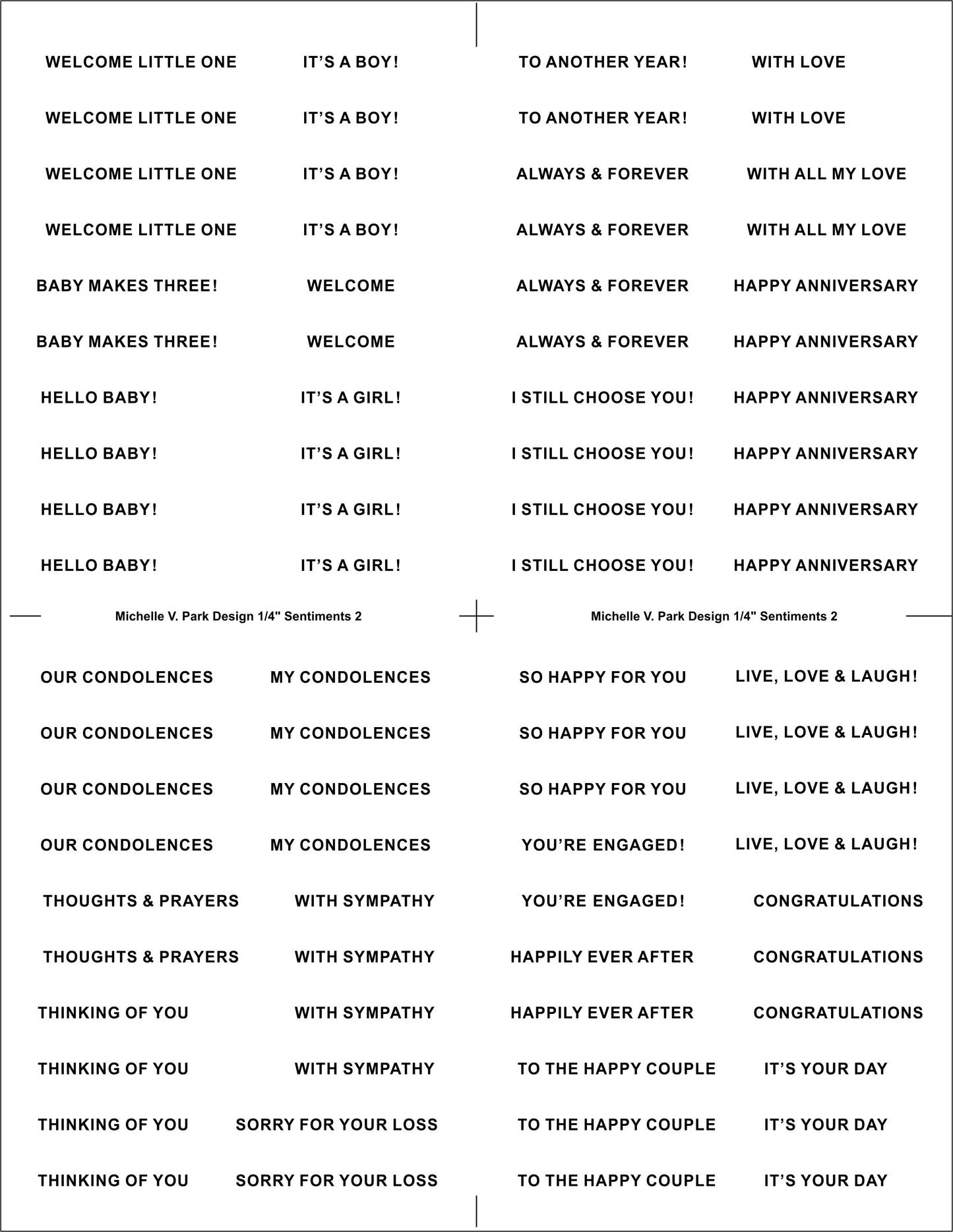 Printed 1/4 inch sentiment strips sheet - Set 2 featuring Baby, Condolence, Anniversary and Wedding sentiments in black text on premium white 100 lb cardstock