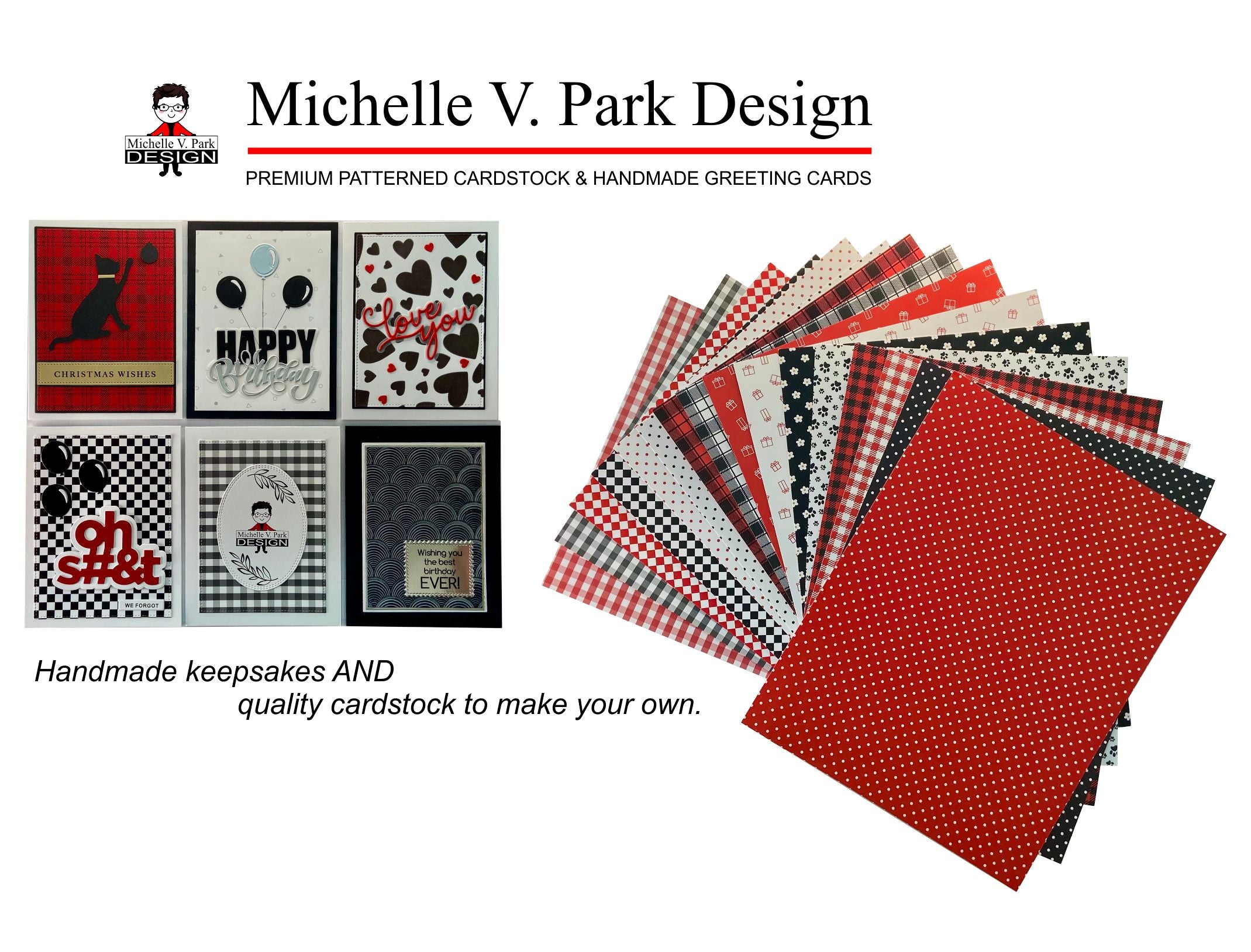 Collection of patterned cardstock and handmade greeting cards by Michelle V. Park Design on a white background.