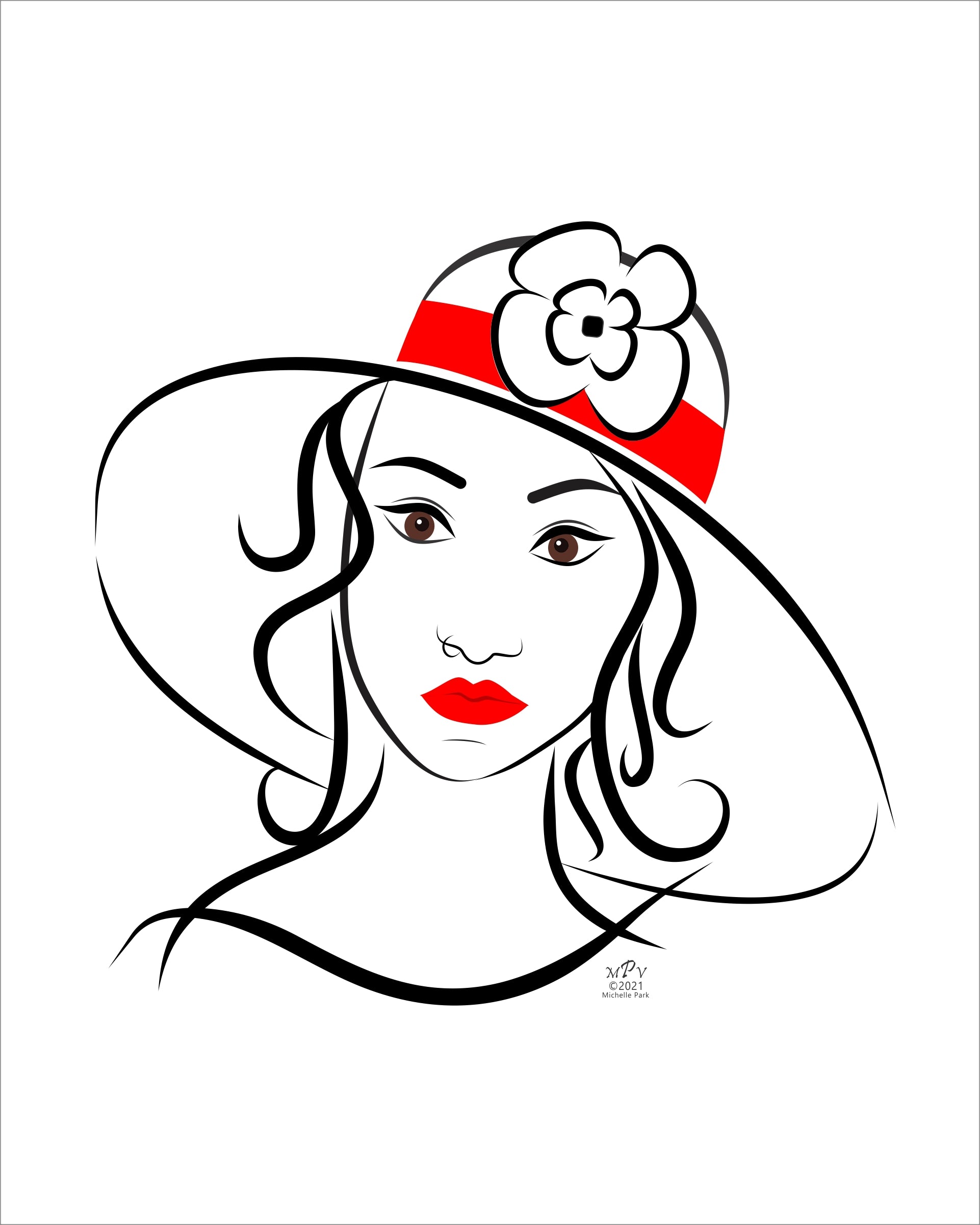 A stylized line art drawing of a girl with a sun hat. Black and white with hits of red on lips and hat band.
