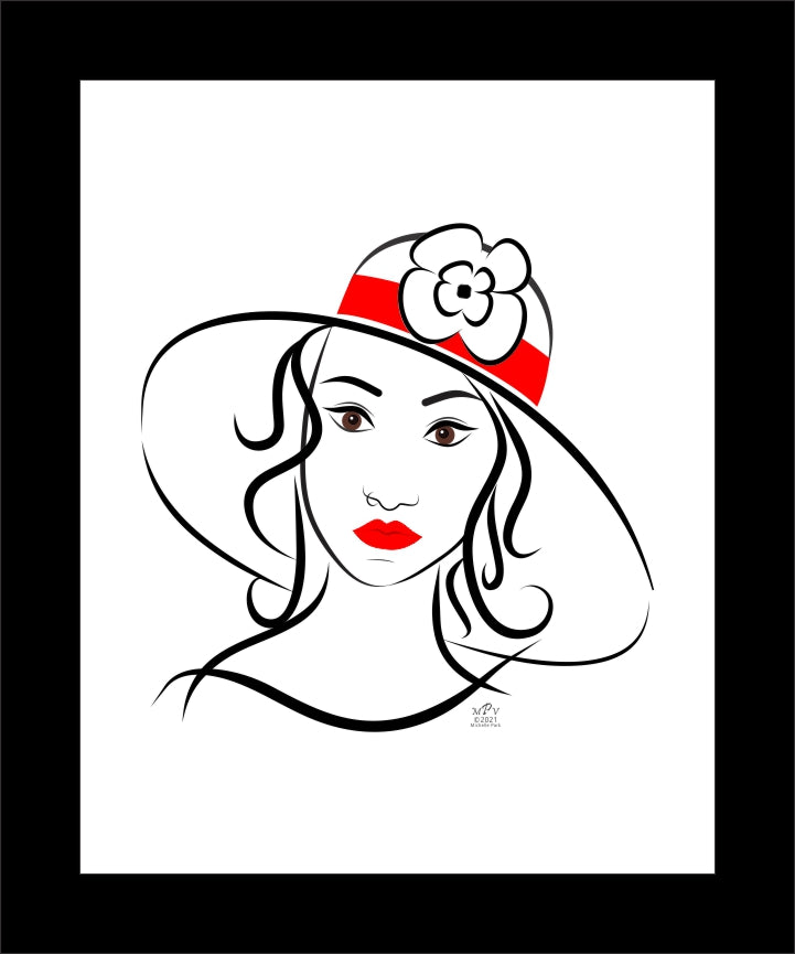 A black frame of a stylized line art drawing of a girl with a sun hat. Black and white with hits of red on lips and hat band.